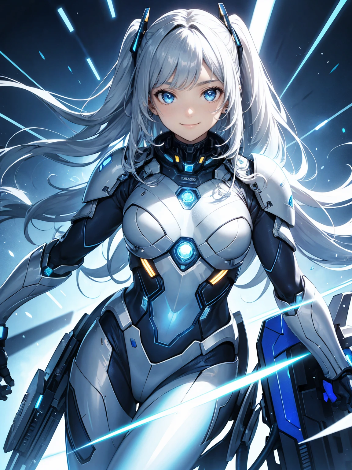 cyborg suit girl, shining blue light,silver long hair, shining eye, 14 years old, smile