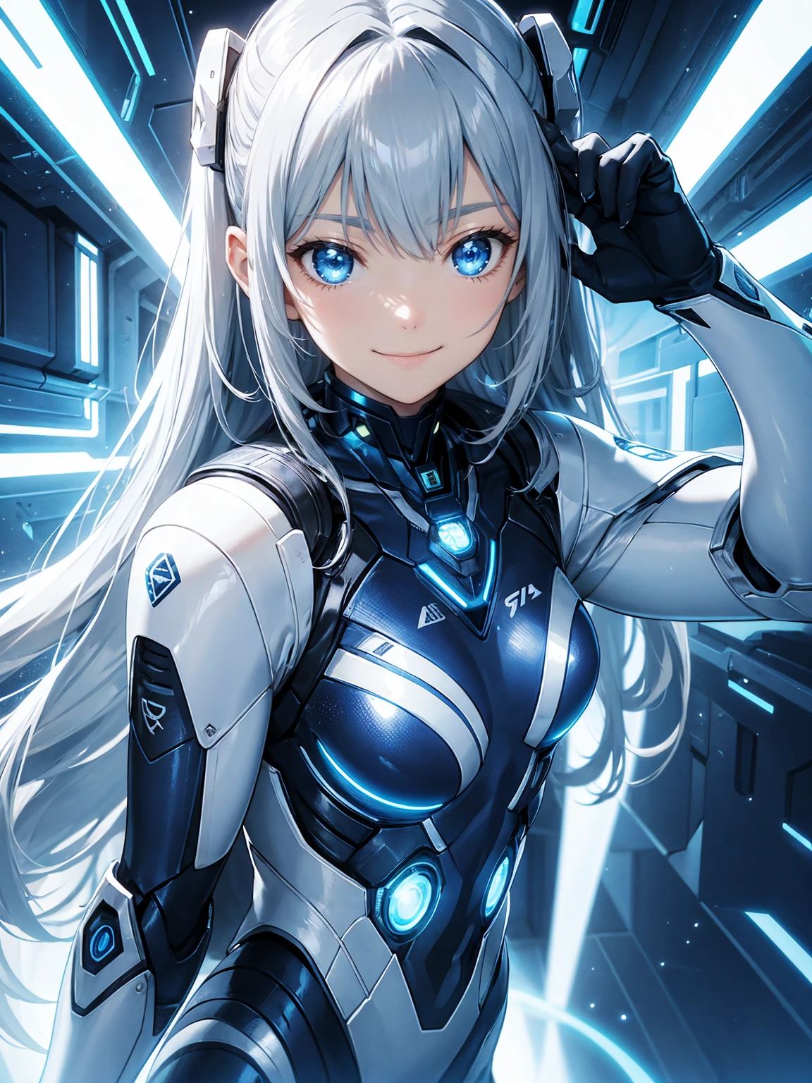 cyborg suit girl, shining blue light,silver long hair, shining eye, 14 years old, smile