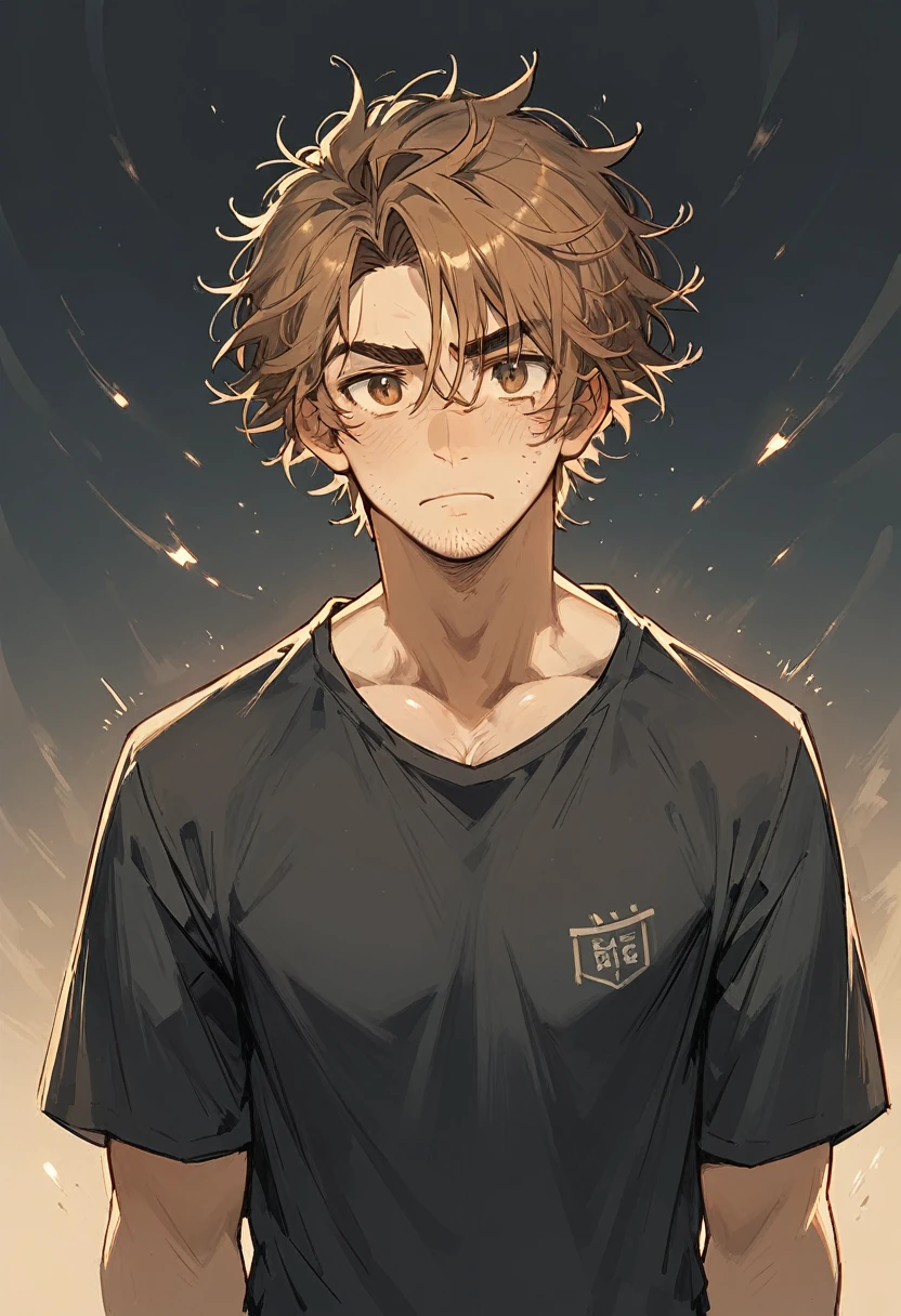 monsterous man giant, wearing a poet shirt, scruffy hair, stubble, brown, tall.