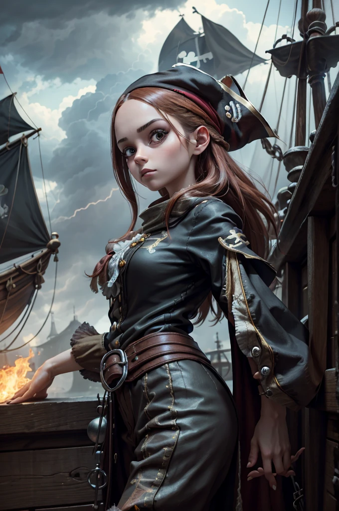 A beautiful woman wearing pirate costume , in pirate ship, black clouds in the sky, super detailed look, perfect body shape and hands, beautiful big eyes, standing, front view, cinematic lightening