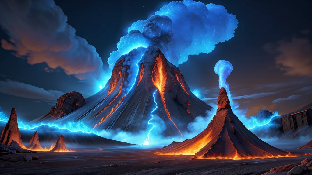 a volcano erupting with blue fire and lava, highly detailed, cinematic lighting, dramatic atmosphere, 8k, photorealistic, glowing lava, swirling smoke, fiery sky, rugged terrain, dynamic composition, vivid colors, chiaroscuro lighting, volumetric fog, extreme detail, epic scale, cinematic camera angle, dramatic lighting, beautiful colors, ultra-realistic, stunning visuals, master painting