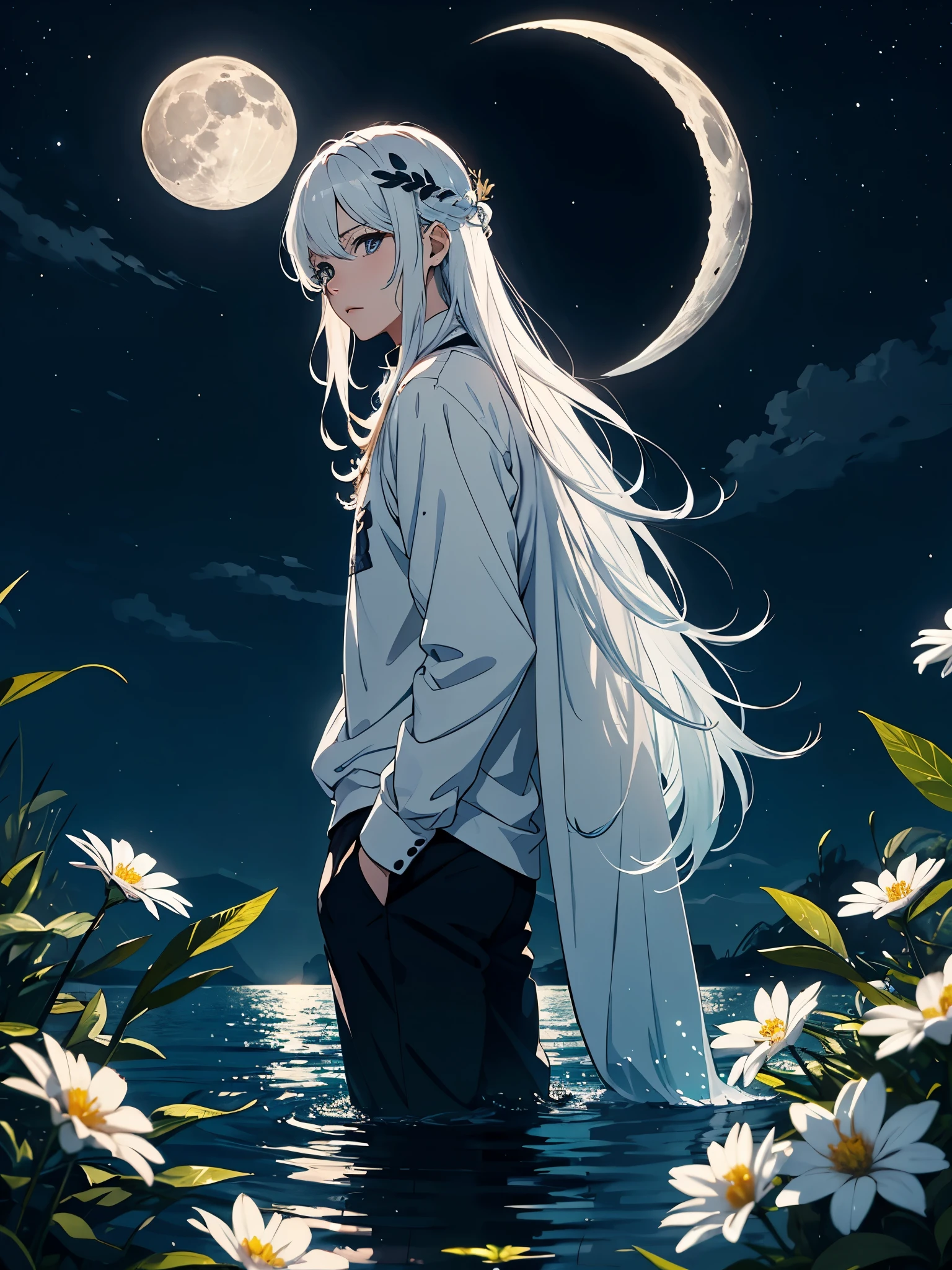 Engel. Viele weoße vögel. More anime. light blue light. Bright bright light. magical. Moon. White flowers. male. Long hair. long white hair. aquatic, boy, God of the Moon, silver hair accessories, White hair.
