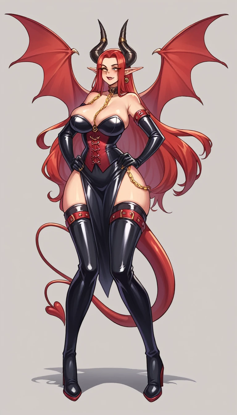 female character with wide hips, milf woman, tail, very big fat body, fantasy, breasts the size of her body,XXXXXL breast, fantasy demon, her image is very dark and demonic, the demon queen is a furry, she has hooves and her magical weapons, horns, wings, the girl is an elf, looks like a goddess. in a tight black latex corset, decorated with thin gold chains that highlight the curves of her body. The corset with a deep neckline framed by lace turns into a narrow miniskirt that reveals long slender legs. The skirt is made of shiny red leather, creating a contrast with the black latex. On her feet are high-heeled boots, decorated with gold buckles. The look is complemented by long leather gloves and a thin gold chain on her hip, drawing attention to the smooth lines of her figure. The outfit's color palette combines classic black with bold red and gold accents, creating a look that is both seductive and elegant.