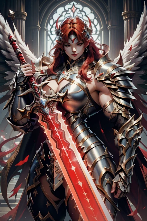 (((Massive beautiful, buff, pale white skinned muscular asian female saint knight with red hair, black lipstick, ginormous bulky muscles, carrying a giant sword and wearing a red Saint Seiya Gemini Armor))), (((close-up view))), large breast, massive muscles, massive biceps, hyper muscle shoulders, hyper muscle triceps, (long hair), yellow eyes, (Paladin boots), (angel metal armor), breastplate, (angel gauntlets), (holy Shoulder armor), closed smile, (in a heavenly castle), Vascular arms, hyper muscles arms, hyper muscle legs, massive buff arms.