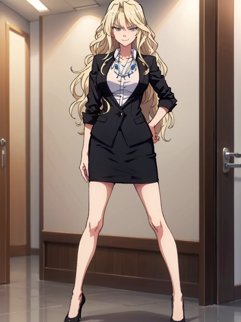 masterpiece, best quality,   yuriajb, necklace, suit, jacket, shirt, pencil skirt, high heels, contrapposto, large breasts, hallway, office, smirk