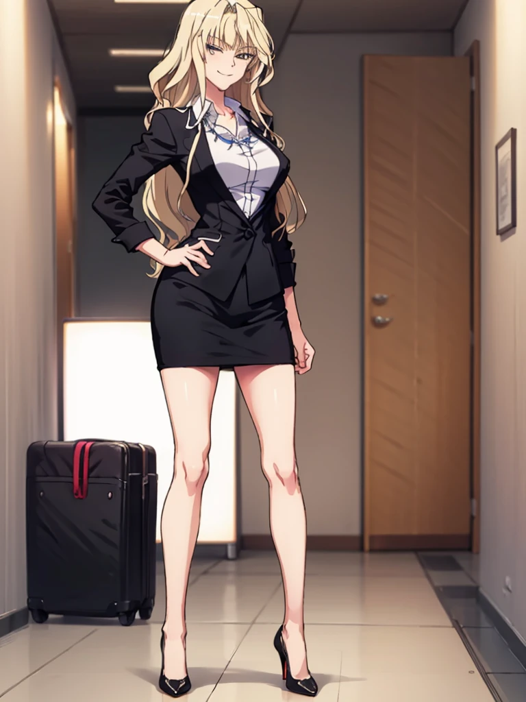 masterpiece, best quality,   yuriajb, necklace, suit, jacket, shirt, pencil skirt, high heels, contrapposto, large breasts, hallway, office, smirk