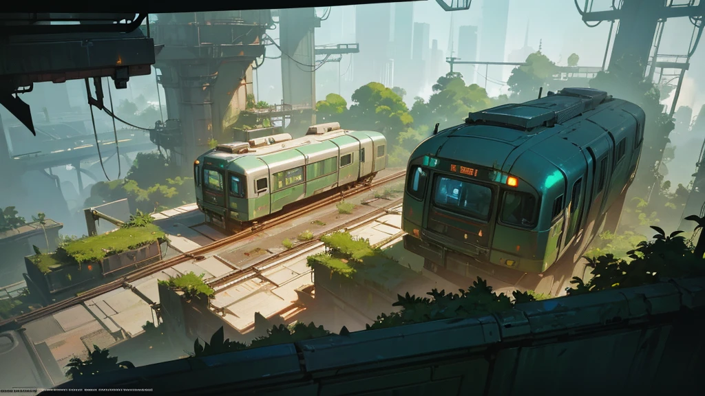 make a futuristic futuristic train railway overgrown with greenery, cyberpunk style, aerial view, dystopian and overgrown plants, ruined architecture, neon lights, moody lighting, dramatic shadows, soft color palette, cinematic composition, high quality, 8k, hyper-detailed , photorealistic, studio lighting, physics-based rendering, RPG scenery from above, like a tabletop RPG