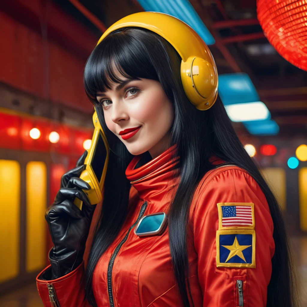 High-quality realistic acrylic art, vivid colors, lateral point of view, a beautiful vintage european woman with long black straight hair, bangs, looking at the viewer with suspicious face and a shy smile, she wears red vintage space suit, gloves, holding a sophisticated cell phone yellow lights, background space militar facilty