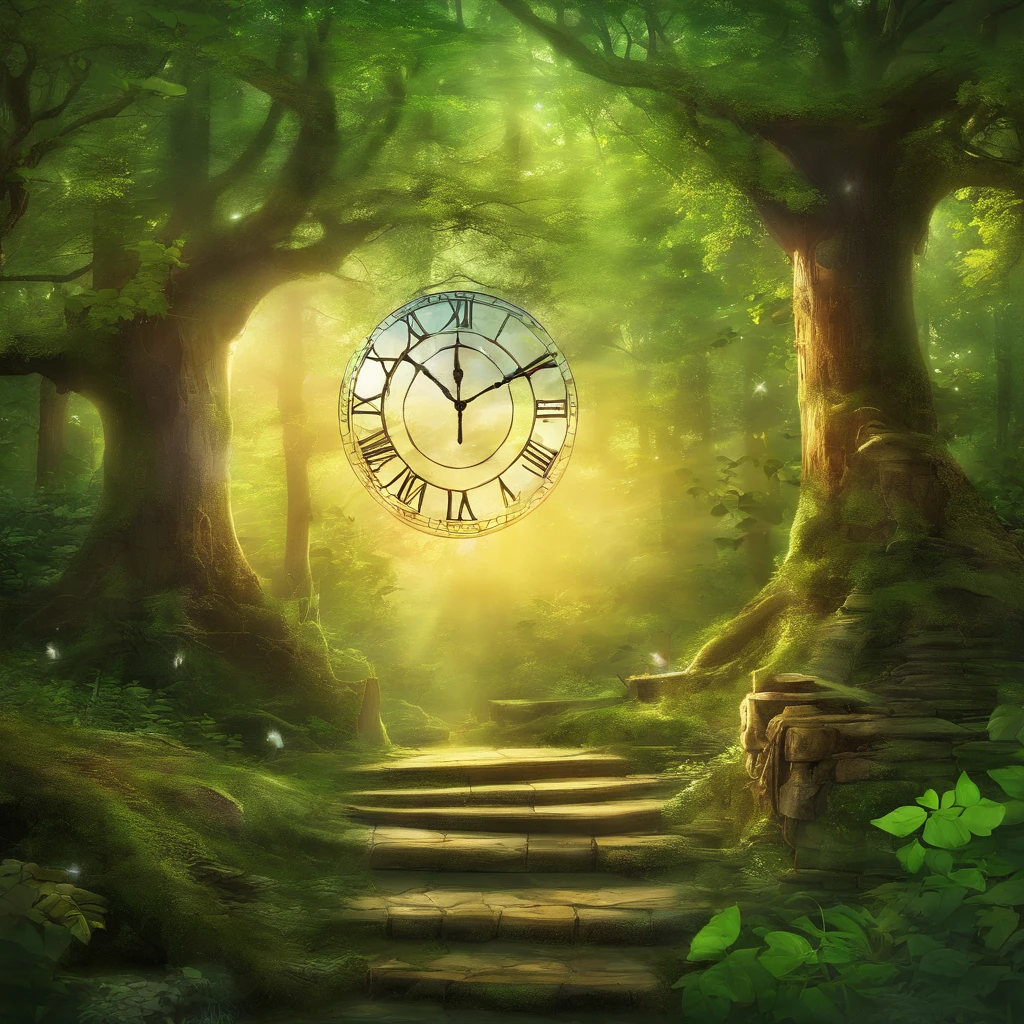Wooden Clock in the Forest: A large wall clock made of rustic wood, hanging from an ancient, sturdy tree in a lush forest. Moss partially covers the clock, and beams of sunlight penetrate through the treetops, creating a magical and timeless setting.