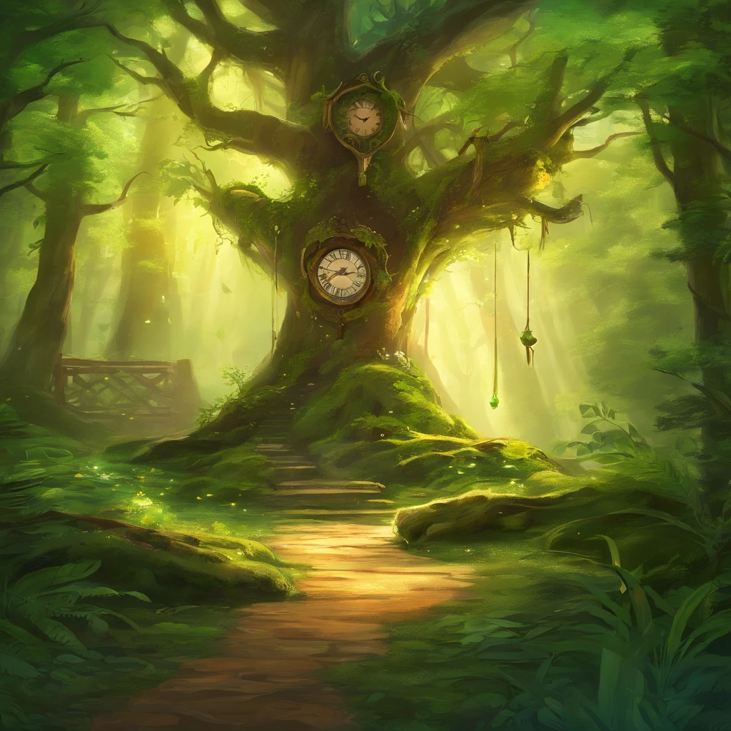 Wooden Clock in the Forest: A large wall clock made of rustic wood, hanging from an ancient, sturdy tree in a lush forest. Moss partially covers the clock, and beams of sunlight penetrate through the treetops, creating a magical and timeless setting.
