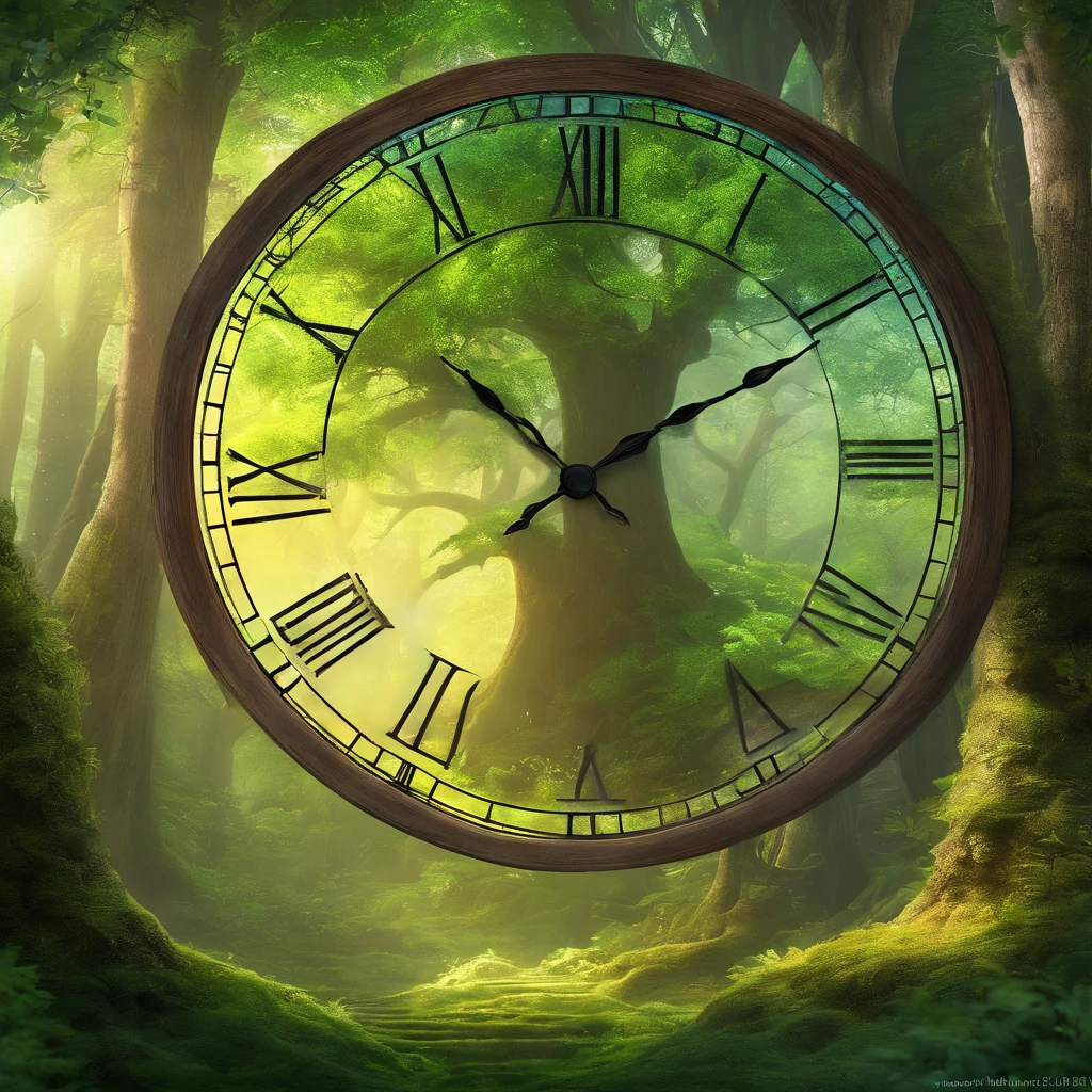 Wooden Clock in the Forest: A large wall clock made of rustic wood, hanging from an ancient, sturdy tree in a lush forest. Moss partially covers the clock, and beams of sunlight penetrate through the treetops, creating a magical and timeless setting.