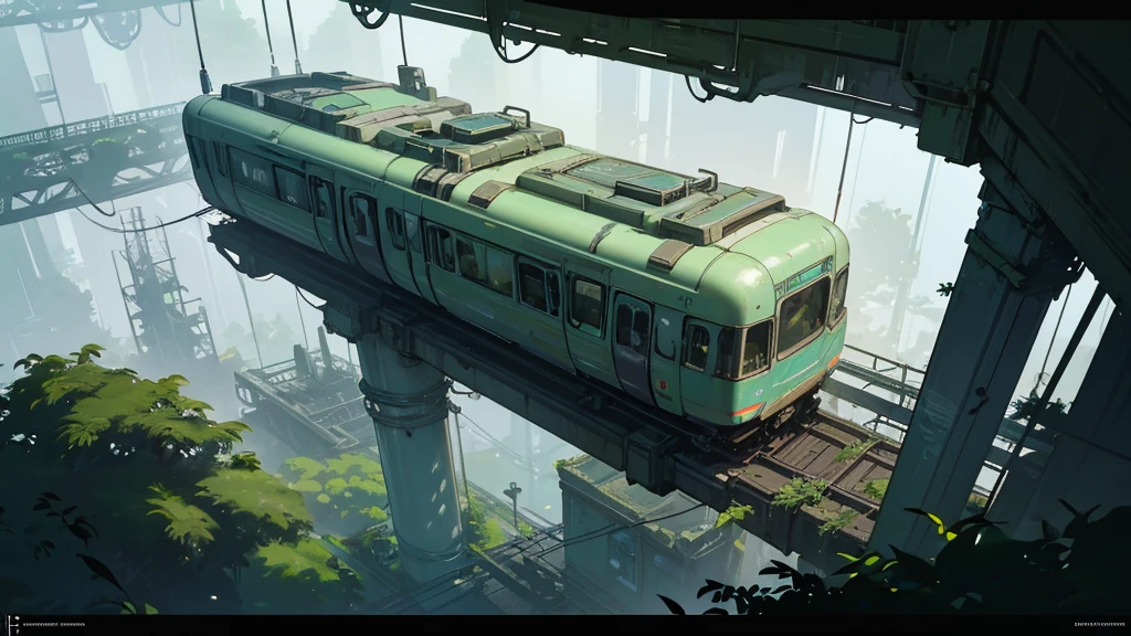make a futuristic futuristic train railway overgrown with greenery, cyberpunk style, aerial view, dystopian and overgrown plants, ruined architecture, neon lights, moody lighting, dramatic shadows, soft color palette, cinematic composition, high quality, 8k, hyper-detailed , photorealistic, studio lighting, physics-based rendering, RPG scenery from above, like a tabletop RPG