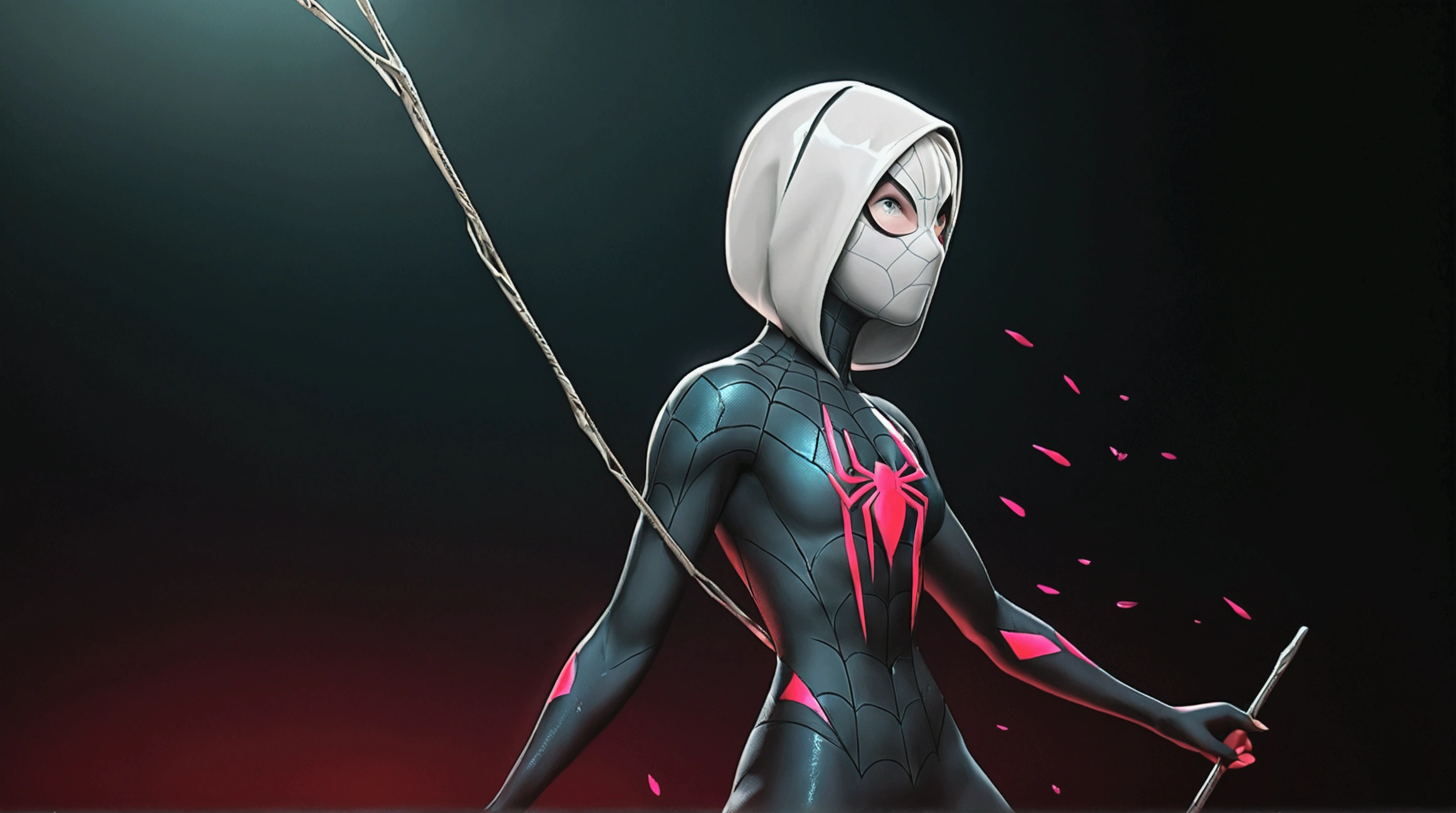 A realistic, hyperrealistic Spidergwen with athletic muscle, textured saturated red and blue trage, in the style of watercolor paint splats, (best quality,4k,8k,highres,masterpiece:1.2),ultra-detailed,(realistic,photorealistic,photo-realistic:1.37),professional,vivid colors,bokeh, gwen stacy, skin tight spider-gwen costume