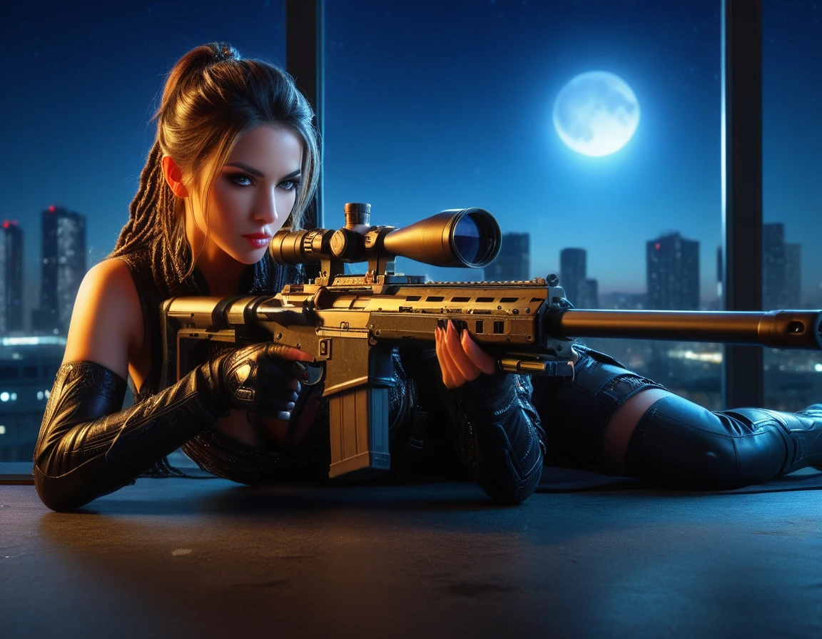 a portrait picture of a 1single woman sniper, standing in a window aiming a sniper rifle, an exotic beautiful woman sniper, dynamic hair, braided hair, full body shop, intense blue eyes, ultra detailed face, wearing (intricate evening dress: 1.5), elegant dress, dynamic color, dynamic style, wearing elegant stiletto heels , behind a window in a tall building at nigh, aiming a Light Sniper Rifle , cyberpunk city background, its night time, moon rays, some clouds,  (full body shot: 1.1) , vibrant, Ultra-high resolution, High Contrast, (masterpiece:1.5), highest quality, Best aesthetics), best details, best quality, highres, ultra wide angle, 16k, [ultra detailed], masterpiece, best quality, (extremely detailed) Sniper Rifle, 