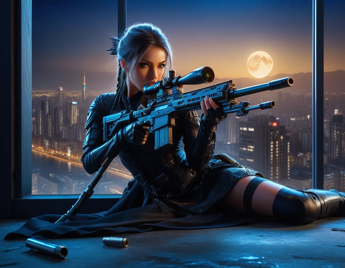a portrait picture of a 1single woman sniper, standing in a window aiming a sniper rifle, an exotic beautiful woman sniper, dynamic hair, braided hair, full body shop, intense blue eyes, ultra detailed face, wearing (intricate evening dress: 1.5), elegant dress, dynamic color, dynamic style, wearing elegant stiletto heels , behind a window in a tall building at nigh, aiming a Light Sniper Rifle , cyberpunk city background, its night time, moon rays, some clouds,  (full body shot: 1.1) , vibrant, Ultra-high resolution, High Contrast, (masterpiece:1.5), highest quality, Best aesthetics), best details, best quality, highres, ultra wide angle, 16k, [ultra detailed], masterpiece, best quality, (extremely detailed) Sniper Rifle, 