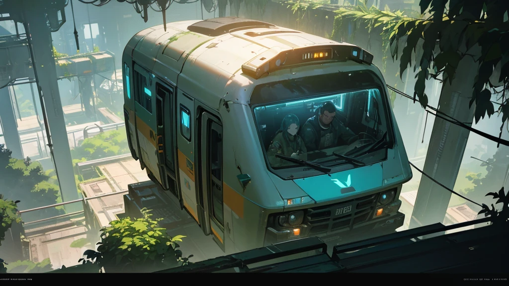 make a futuristic futuristic train railway overgrown with greenery, cyberpunk style, aerial view, dystopian and overgrown plants, ruined architecture, neon lights, moody lighting, dramatic shadows, soft color palette, cinematic composition, high quality, 8k, hyper-detailed , photorealistic, studio lighting, physics-based rendering, RPG scenery from above, like a tabletop RPG