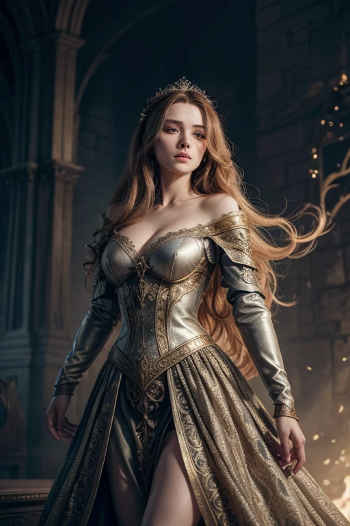 a medieval woman, beautiful, intricate detailed dress, long flowing hair, graceful pose, dramatic lighting, fantasy, dramatic, cinematic, digital art, highly detailed, 4k, masterpiece, realistic, photorealistic