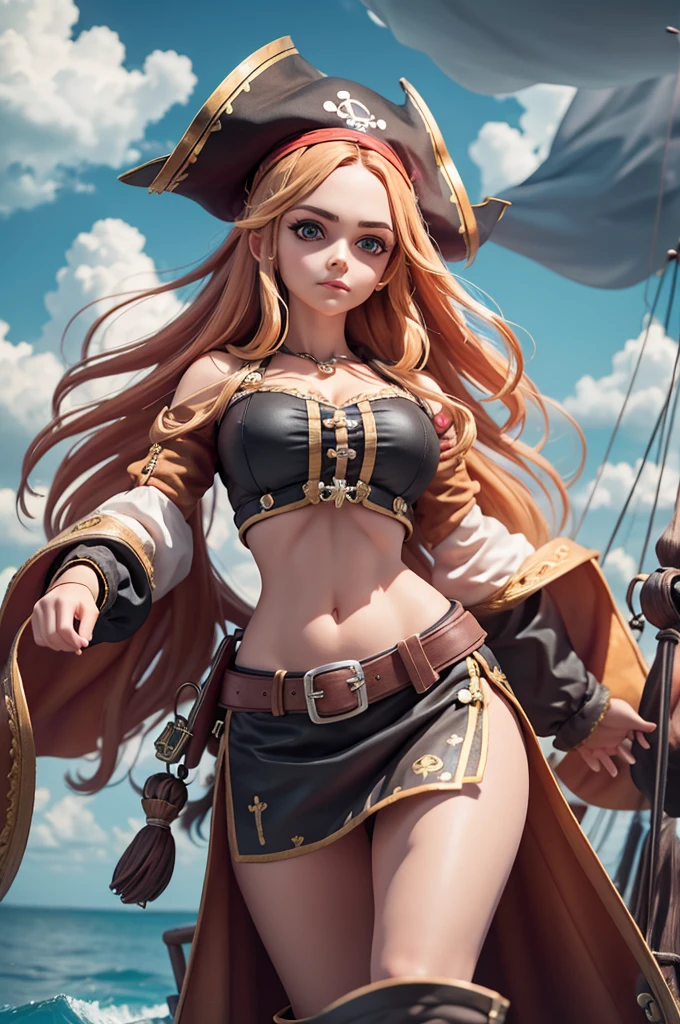 A beautiful woman wearing pirate costume , in pirate ship, black clouds in the sky, super detailed look, perfect body shape and hands, beautiful big eyes, standing, front view, cinematic lightening