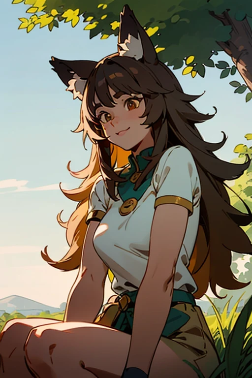 ((best quality)), ((masterpiece)), (detailed), Create cute, detailed digital art of a GRAY wolf girl with black spots and body, sitting in a lush green meadow under the golden light of the morning sun. The wolf has big brown eyes, furry ears and a mischievous smile. Art should be realistic in style with individual hair texture and smooth rendering. The final resolution must be 4k in a 16:9 aspect ratio.