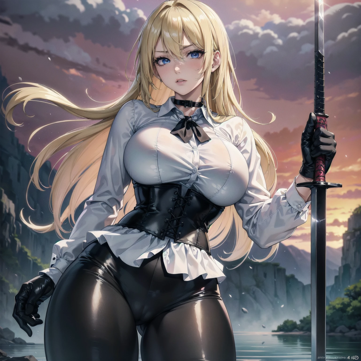 Masterpiece, Superior image quality, high resolution, 4k image,photo and gross, photorealistic, whole body, ung blonde of 15 years, fighting pose, {{{vagina}}}, big breasts, beautiful face, Long blonde hair, blue eyes, very detailed eyes, pink cheeks, serious expression, choker:1.6, (white collar button down long sleeve shirt), black gloves, gloves that cover hands, (wields a sword in his right hand), (black leather corset), (shiny black leggings), Sensual Lips, show details in the eyes, View from the front, looking at the viewer, standing on the shore of a lagoon, gloomy lagoon, Atmosphere, crimson sky