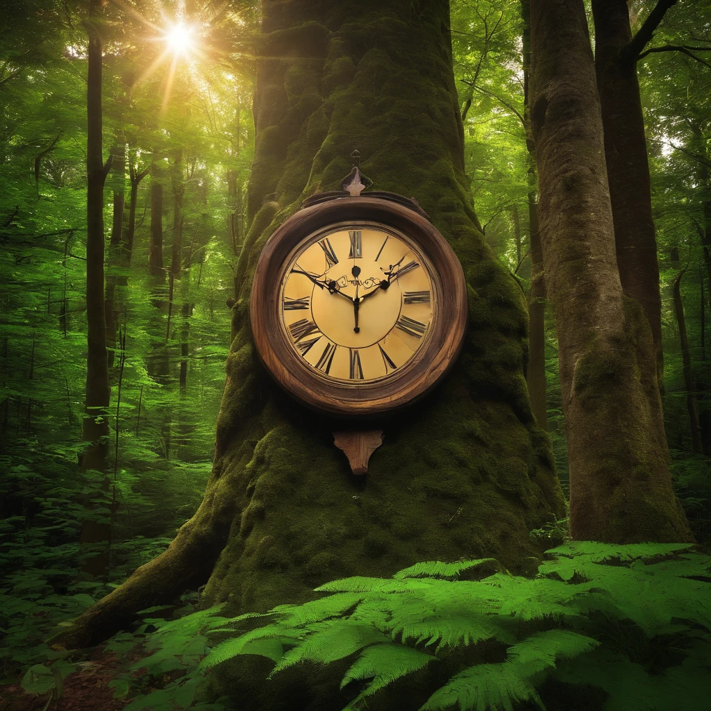 Wooden Clock in the Forest: A large wall clock made of rustic wood, hanging from an ancient, sturdy tree in a lush forest. Moss partially covers the clock, and beams of sunlight penetrate through the treetops, creating a magical and timeless setting.