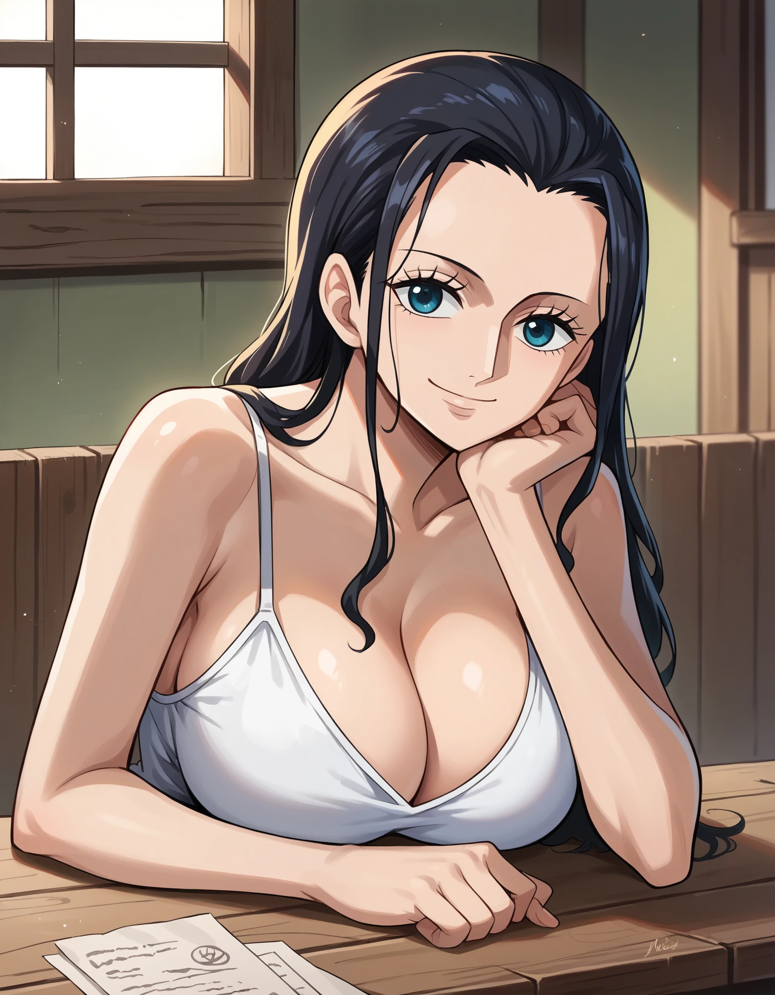 source_anime,score_9,score_8_up, score_7_up, 1girl,solo,outdoors,one piece, boa hancock, couch, indoors, seductive,, face closeup, ((closed mouth)), smirk, thighs, long shot, balcony, mountain background, fancy, white couch, smirk, smug, wet pussy, ikuchan