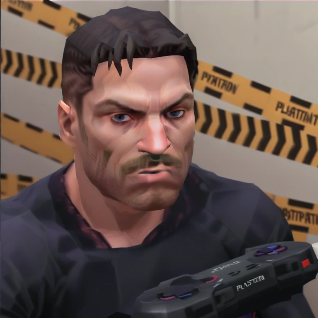 muscular man, in a podcast, in the style of a PlayStation 1 graphics