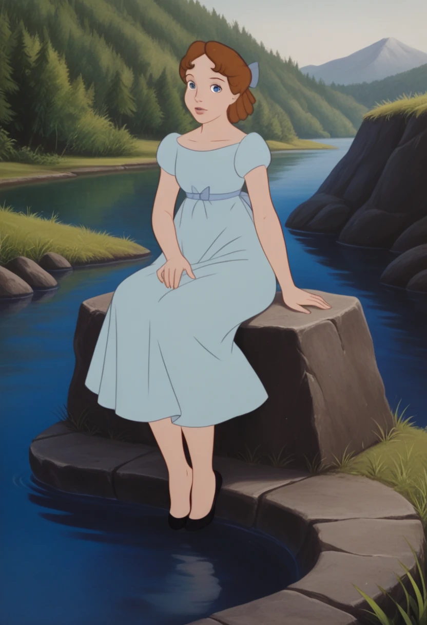 score_9_up, BREAK, WendyDarling, 1girl, solo, brown hair, hairbow, blue eyes, lips, dress, black flats, outdoors, looking at viewer, front view, full body, sitting on stone, grass, lake, 