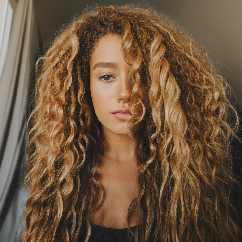 blonde curly afro long hair girl