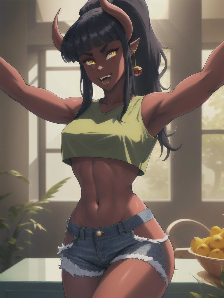 (masterpiece, best quality), (highres, ultra-detailed), (absurdres, perfect anatomy), indoors, day, 1girl, solo, SynIahfy, colored skin, yellow eyes, cowboy shot, slit pupils, ponytail, outstretched arms, hug, earrings, happy,  fangs, crop top, denim shorts, (((toned)))