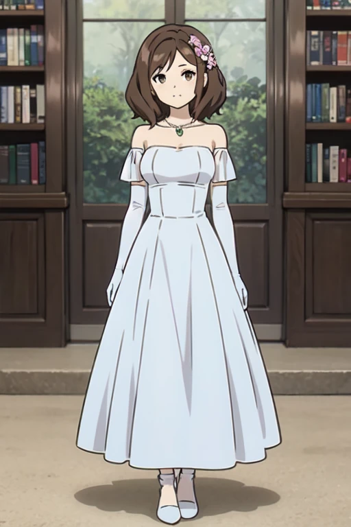 (((Best quality))), ((Ultra-detailed)), ((illustration)), ((Disheveled hair)), ((frilld)), (1 girl),(Solo),
1girl, book, bookshelf, collarbone, dress, elbow gloves, flower, gloves, indoors, jewelry, looking at viewer, medium breasts, necklace, short hair, solo,full body,wedding dress,long dress,brown eyes,brown hair,brown dress,