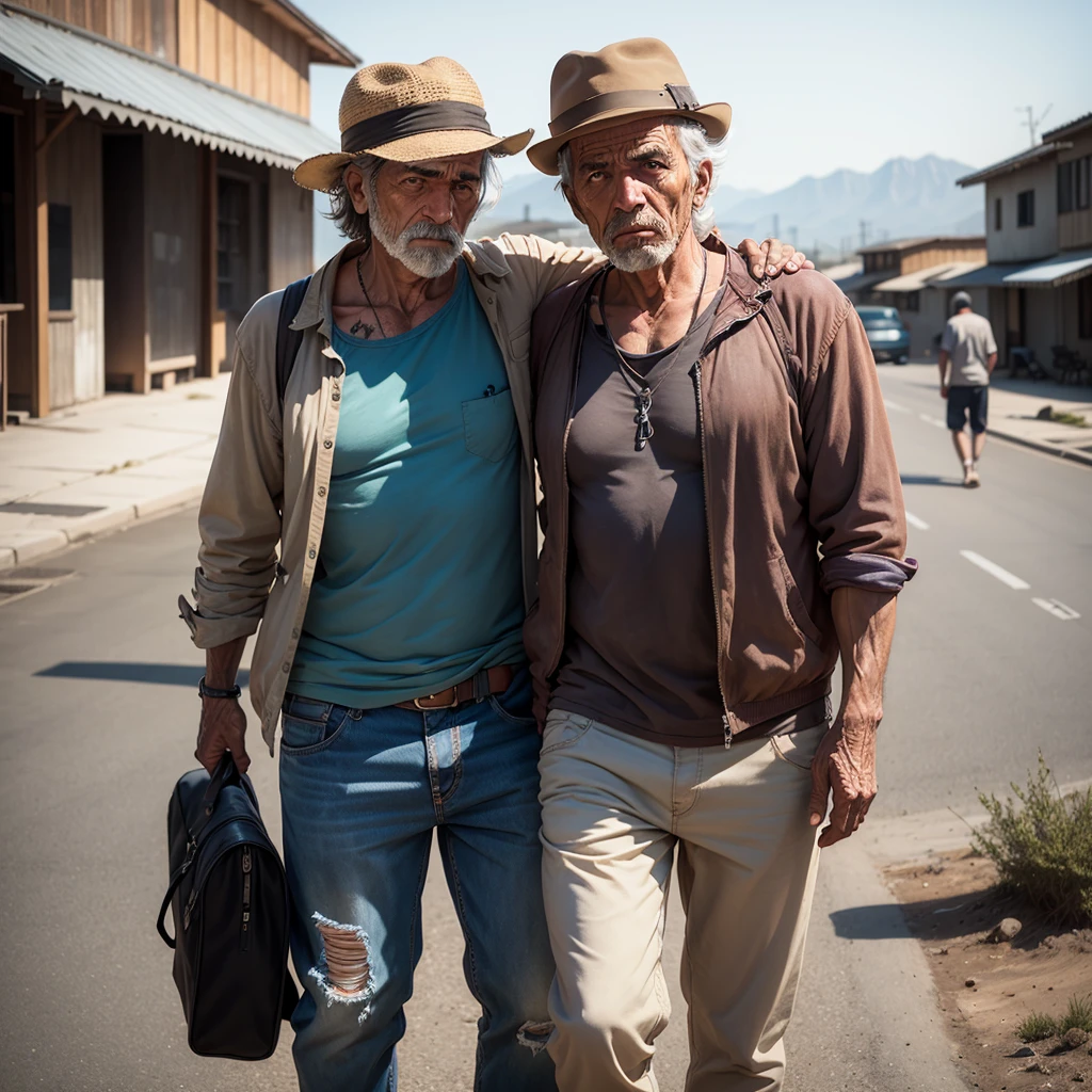 Appearance of a weathered traveler with typical middle-aged clothing, may have scars or marks that reflect a life of displacement and hardship.
