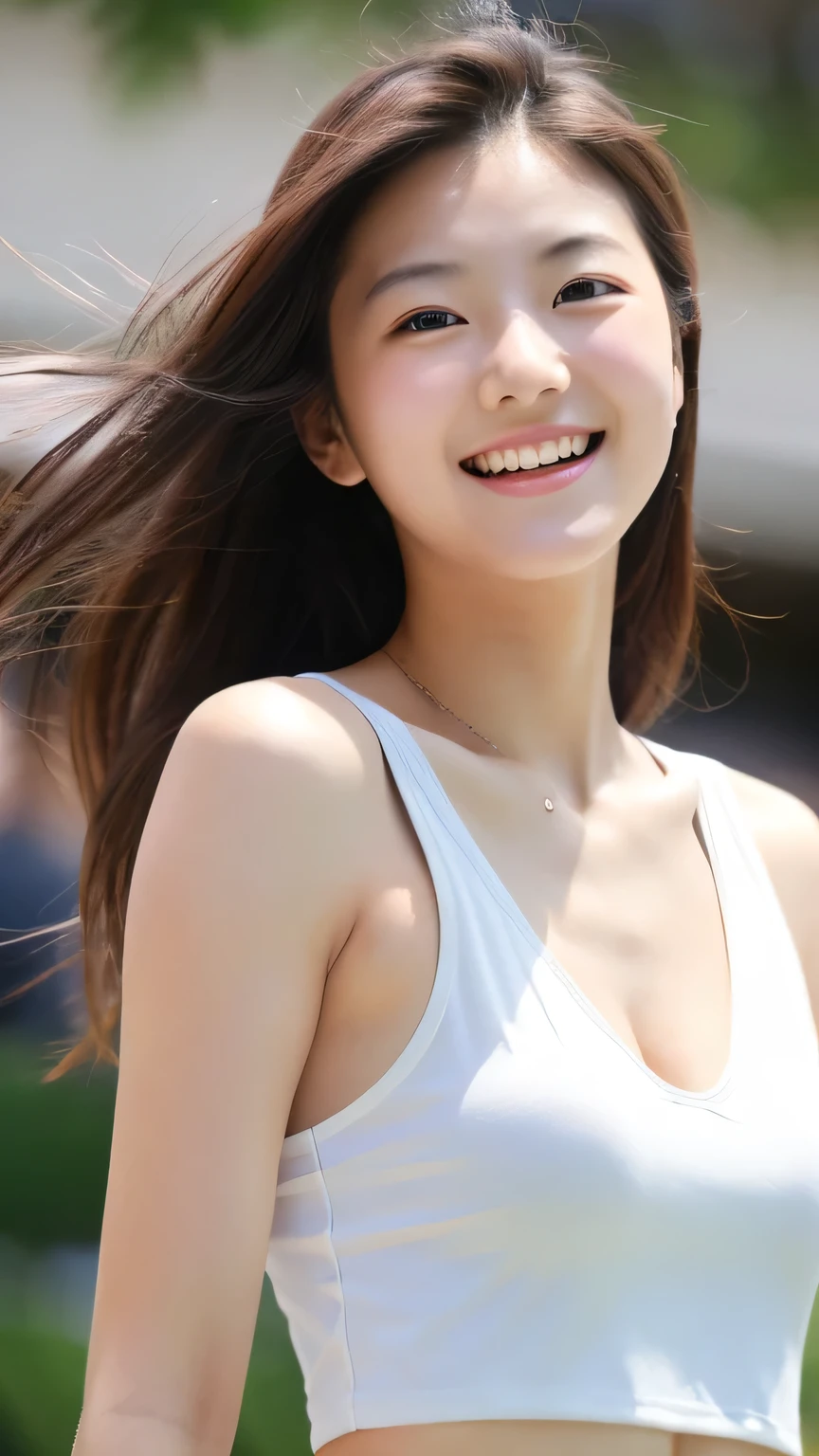 masterpiece, Highest quality, Photorealistic, Very detailed, finely, High resolution, 8k wallpaper, Professional, High level of detail, Female college students having fun on the plateau, Slender Japanese women, ((Look forward)), Collarbone Detail, Mid-chest、Perfect Face, Medium Long Hair, White tank top、A kind smile