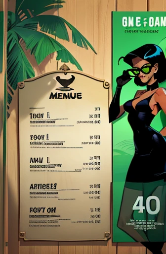 Accurate design of a tropical bar menu, (((professional menu design))), (best quality:1.2), (detailed:1.2), (4k, high resolution), (masterpiece:1.2), ultra-detailed, (realistic, photo-realistic:1.37), A4 format, 4 pages layout, "Green Bar" neon sign title, crocodile silhouette watermark, palm tree silhouettes, wavy line dividers, cat icons as bullet points, cocktail section with palm leaf frames, "420" section with subtle ganja symbols, sand texture background, (beach resort atmosphere:1.1), color sketch, clean lines, simple sans-serif font, clear layout design, modern tropical style, (menu structure:1.2), price alignment, contact information footer, social media icons, QR code on last page, (readability:1.3), balanced composition, pulp magazines style, Bruce Timm
