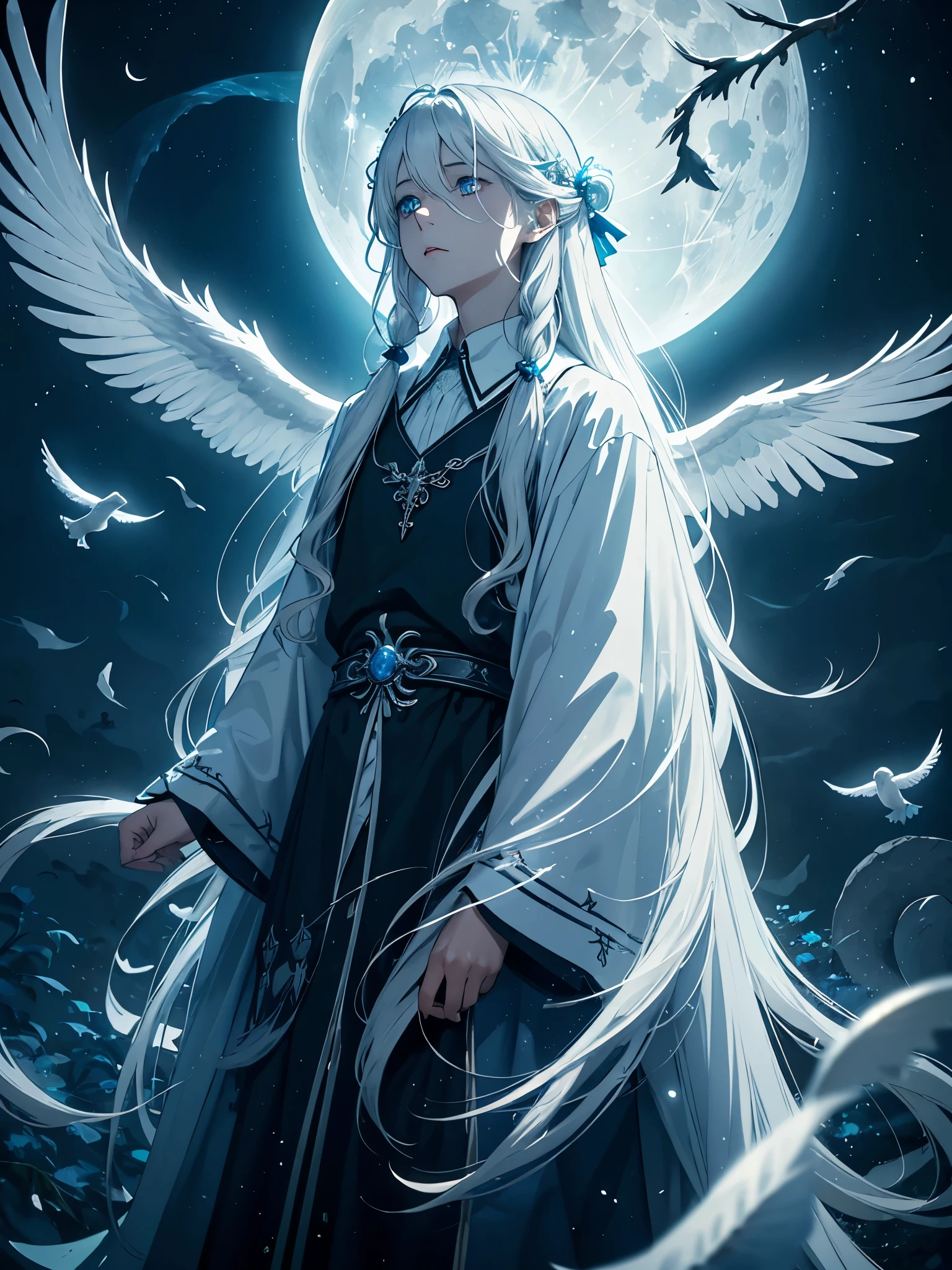Mit hirschgeweih. White crows. Ghosts. lights. magical. Power animals. Spirit. King of the moon. Long hair. long white hair. aquatic, boy, silver hair accessories, White hair, blue flowers. Blue lights. full moon. holy.