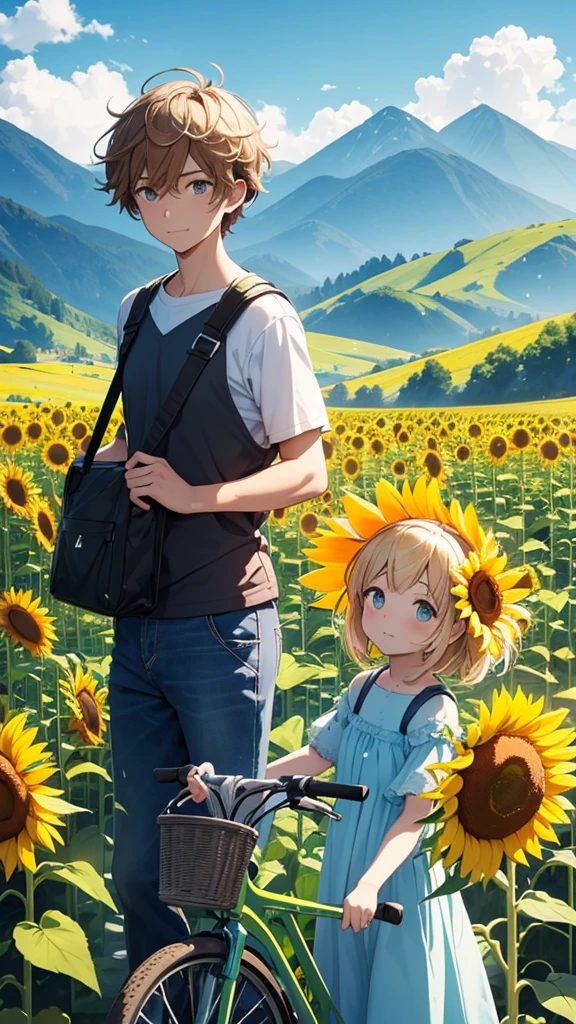 Create an image of two individuals on a sunny day with a clear blue sky, standing in a vibrant green field. One individual is holding a bicycle, and both are surrounded by tall sunflowers. In the background, there are rolling hills leading to mountains in the distance.