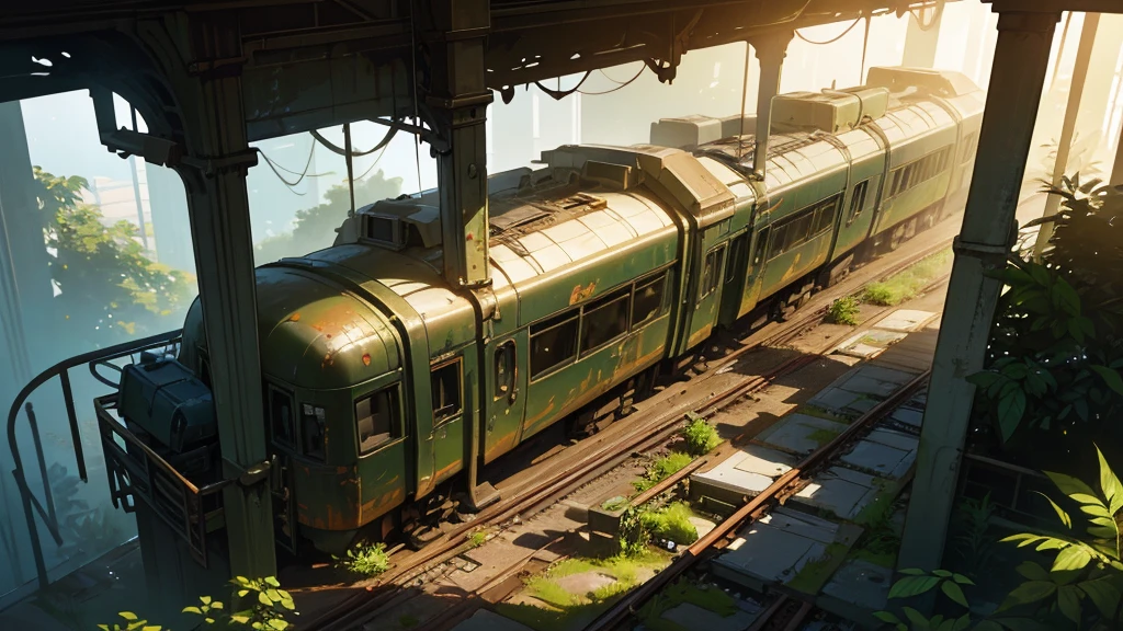 a futuristic abandoned train station covered in plants, highly detailed, masterpiece, photorealistic, 8k, HDR, intricate details, moody lighting, lush vegetation, rusty metal surfaces, cracked concrete floors, rays of sunlight, atmospheric fog, feeling of decadence and seen from above as if it were a tabletop role-playing scenario