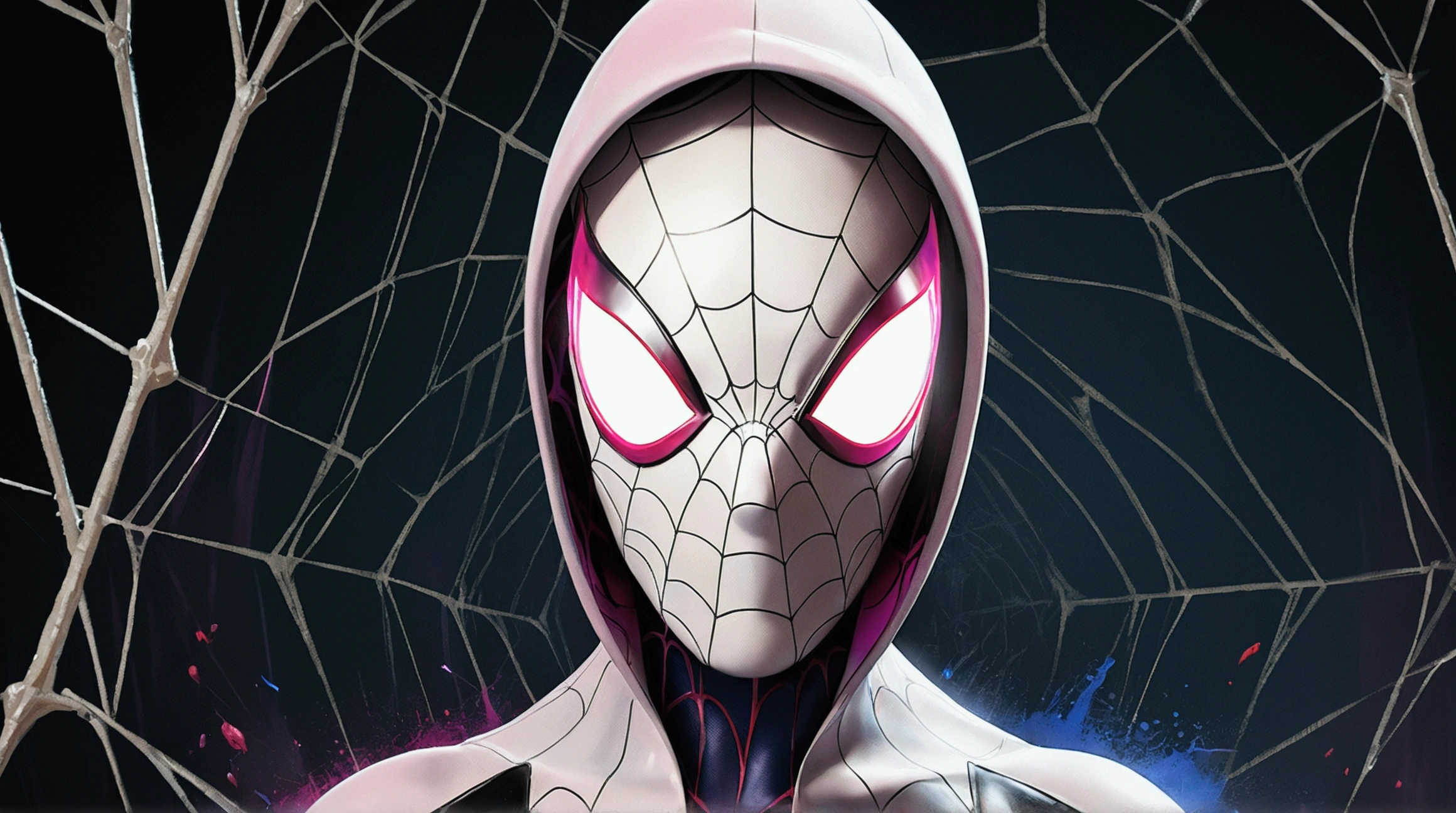 A realistic, hyperrealistic Spidergwen with athletic muscle, textured saturated red and blue trage, in the style of watercolor paint splats, (best quality,4k,8k,highres,masterpiece:1.2),ultra-detailed,(realistic,photorealistic,photo-realistic:1.37),professional,vivid colors,bokeh, gwen stacy, skin tight spider-gwen costume