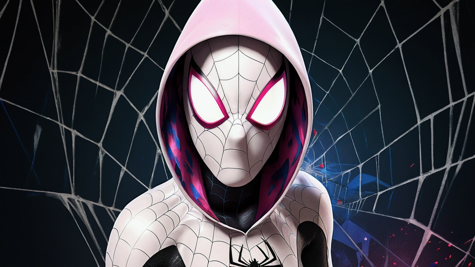 A realistic, hyperrealistic Spidergwen with athletic muscle, textured saturated red and blue trage, in the style of watercolor paint splats, (best quality,4k,8k,highres,masterpiece:1.2),ultra-detailed,(realistic,photorealistic,photo-realistic:1.37),professional,vivid colors,bokeh, gwen stacy, skin tight spider-gwen costume