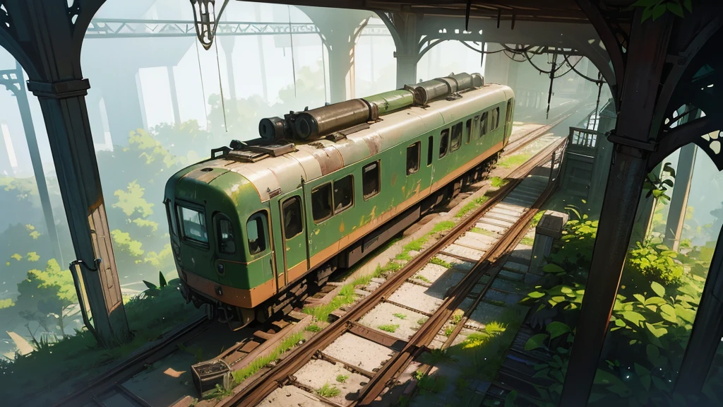 a futuristic abandoned train station covered in plants, highly detailed, masterpiece, photorealistic, 8k, HDR, intricate details, moody lighting, lush vegetation, rusty metal surfaces, cracked concrete floors, rays of sunlight, atmospheric fog, feeling of decadence and seen from above as if it were a tabletop role-playing scenario