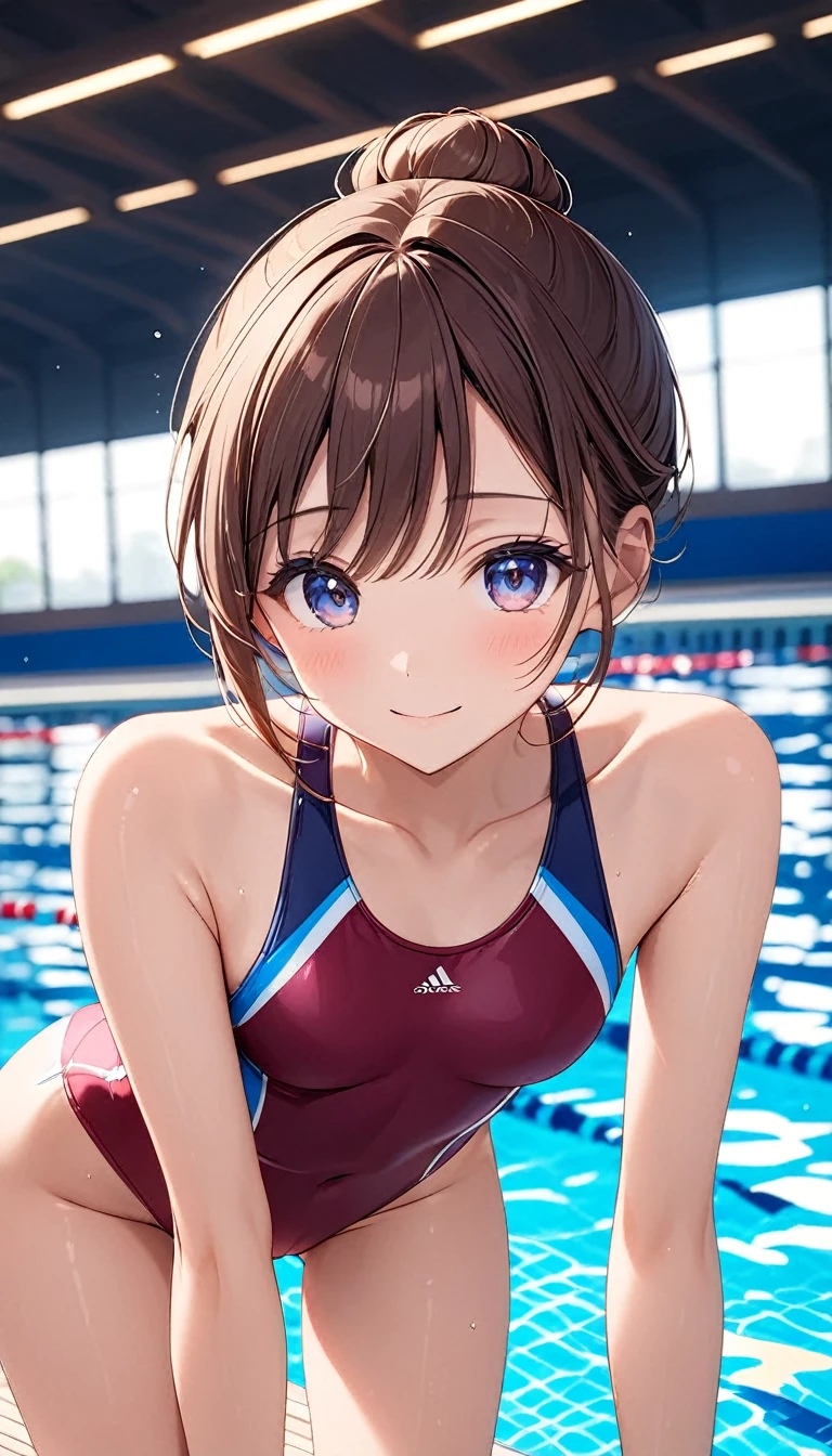 高いquality illustration, masterpiece, (Leaning forward and looking into the camera:1.4)、Very delicate and beautiful, Attractive girl,Glittery brown hair、Bun Hair、(Competitive swimming suits,),thin,Slender body,slim,High Poolside Background,Princess, Beautiful Eyes,A light smile,(masterpiece, Highest quality:1.2), High res, Very detailed CG ユニティ 8k 壁紙, Perfect lighting, colorful, Ultra-high res,4K,Very detailed, photograph, 8k, High resolution, ************,Cowboy Shot,