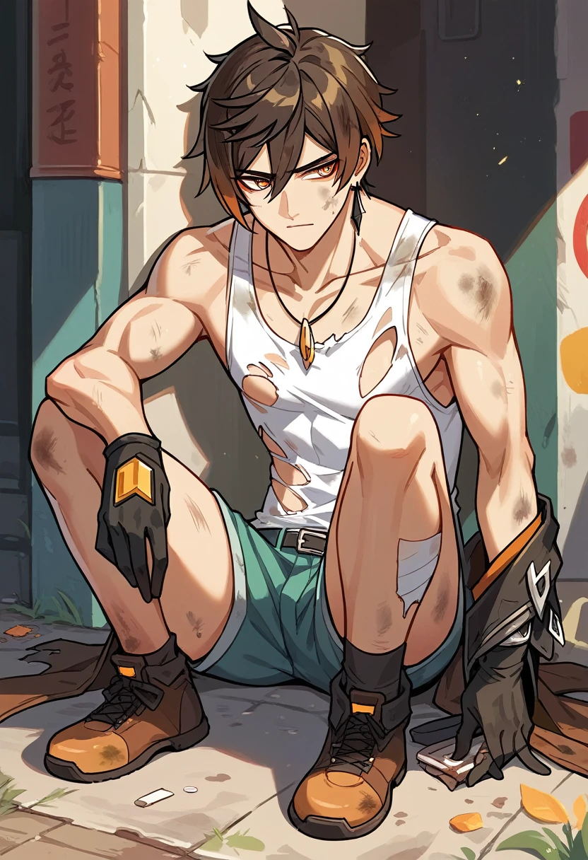 Masterpiece, best quality,highres, Zhongli, sitting on ground, white tank top, shorts,poor,torn clothes , dirty,poor street