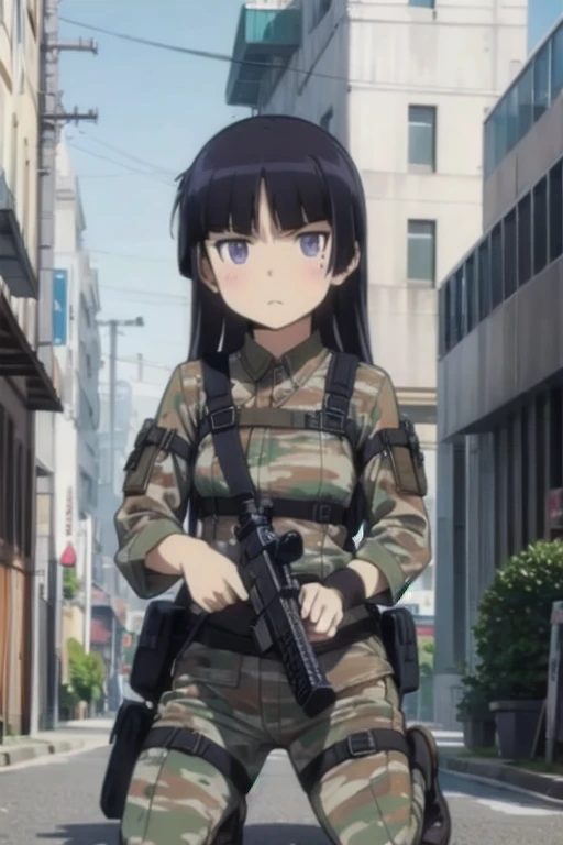 ruri gokou, (Ultra-high resolution), (masterpiece), (Attention to detail), (high quality), (最high quality) , 1 girl, alone,  Hime cut, Long Hair, ((Sniper)), Sniperライフル, Tactical Gear, Urban Background, skyscraper, Camouflage, Sniper pose, Serious expression, goggles, Urban Camo, Kneeling