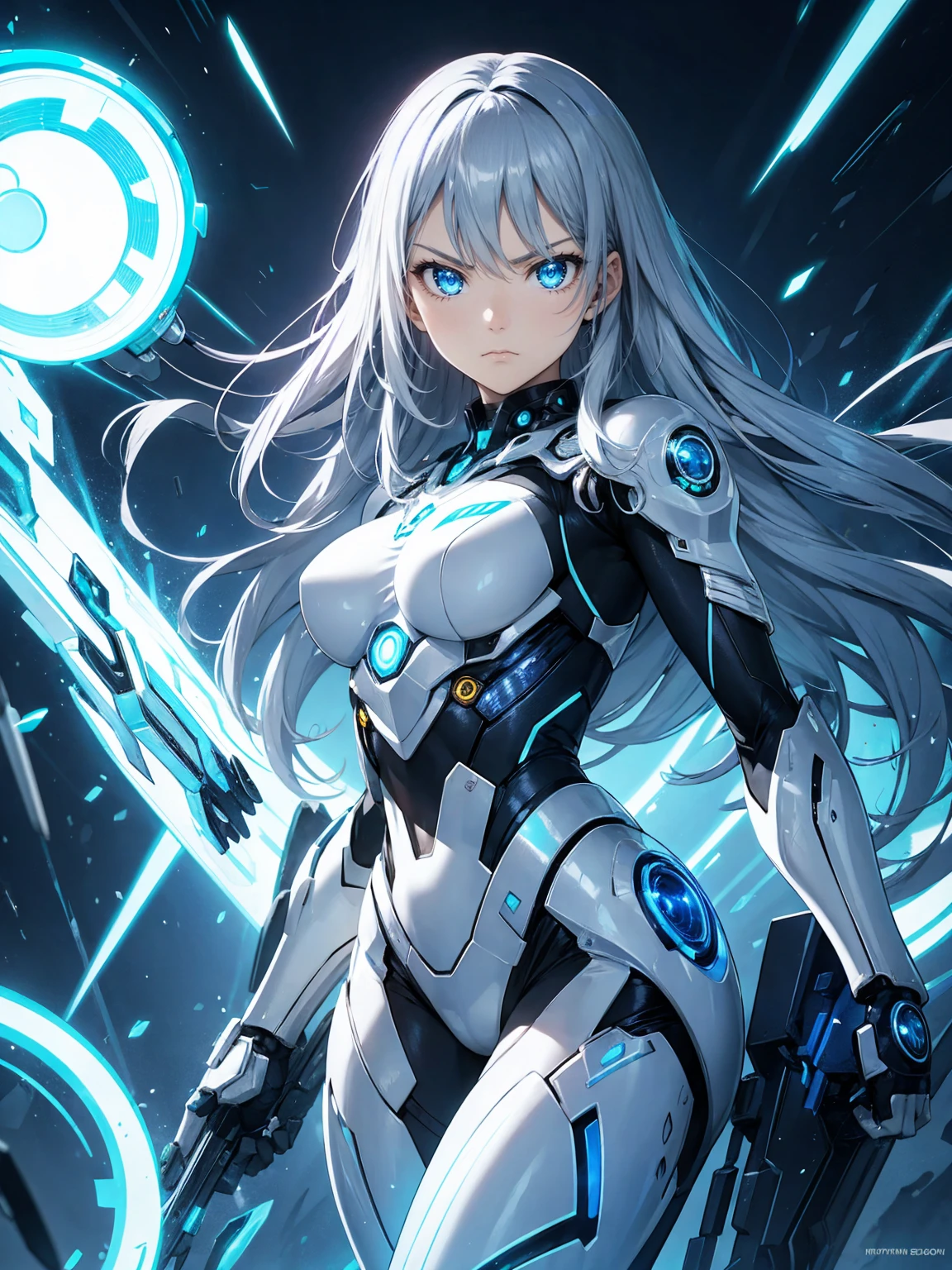 cyborg suit girl, shining blue light,silver long hair, shining eye, 14 years old, angry