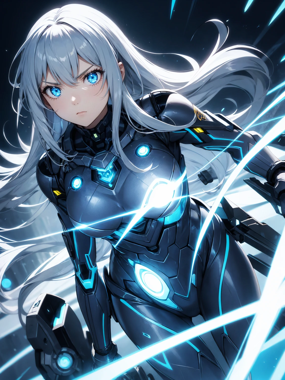 cyborg suit girl, shining blue light,silver long hair, shining eye, 14 years old, angry