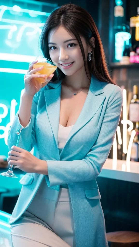A beautiful woman in a stylish suit、Enjoying a drink in a neon-lit bar、The scene where she shows off her best smile。The scenes are vivid and of high quality、Detailed and meticulously drawn。Beautiful woman's perfect face highlighted by neon lights、It creates a wonderful contrast。The bar is decorated with colorful neon signs.、There is a lively atmosphere。The suit is sophisticated and stylish.、It accentuates her elegant appearance。Ultra-realistic 8K resolution throughout、Captures every detail。Her face is full of joy、With beautiful eyes and a perfect smile、It gives the scene a sense of life and charm.。