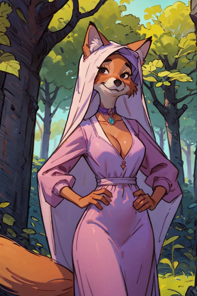 CARTOON_MaidMarian_ownwaifu, furry female fox, animal ears, black eyes, animal nose, orange fur, tail,veil,purple dress, long sleeves,choker, looking at viewer, serious, standing, outside, forest, natural lighting, high quality, masterpiece, ((cleavage))