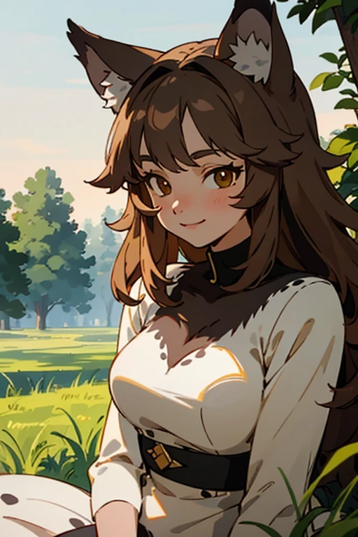 ((best quality)), ((masterpiece)), (detailed), Create cute, detailed digital art of a GRAY wolf girl with black spots and body, sitting in a lush green meadow under the golden light of the morning sun. The wolf has big brown eyes, furry ears and a mischievous smile. Art should be realistic in style with individual hair texture and smooth rendering. The final resolution must be 4k in a 16:9 aspect ratio.