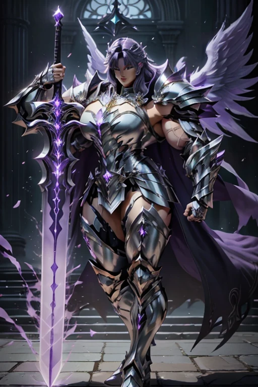 (((Massive beautiful, buff, pale white skinned muscular female saint knight with violet purple hair, black lipstick, ginormous bulky muscles, carrying a giant sword and wearing a violet Saint Seiya Gemini Armor))), (((close-up view))), large breast, massive muscles, massive biceps, hyper muscle shoulders, hyper muscle triceps, (long hair with long bangs), black eyes, (Paladin boots), (angel metal armor), breastplate, (angel gauntlets), (holy Shoulder armor), closed smile, (in a heavenly castle), Vascular arms, hyper muscles arms, hyper muscle legs, massive buff arms.