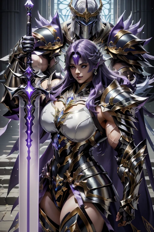 1girl, purple hair, long hair, yellow eyes, large breasts, muscular, horns, armor